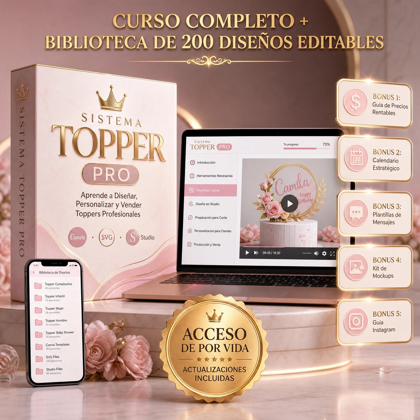 Sistema Topper Pro | Curso Completo + 200 Diseños Editables + 5 Bonus